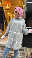 25027 Angora Fermuarlı Ceket - Gri-Pudra