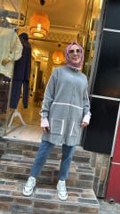 25027 Angora Fermuarlı Ceket - Gri-Pudra