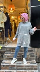 25027 Angora Fermuarlı Ceket - Gri-Pudra