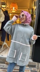 25027 Angora Fermuarlı Ceket - Gri-Pudra