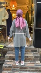 25027 Angora Fermuarlı Ceket - Gri-Pudra