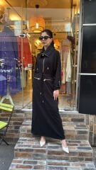 4730 Saten Detay Tasarım Elbise - Siyah