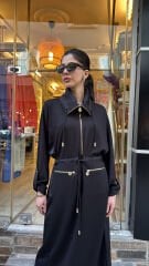 4730 Saten Detay Tasarım Elbise - Siyah