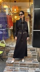 4730 Saten Detay Tasarım Elbise - Siyah